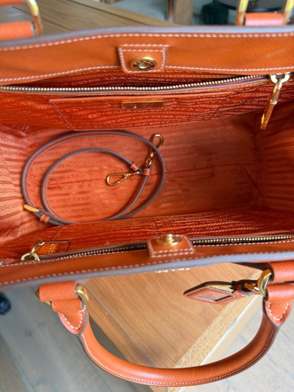 Prada Orange/Yellow Bi Color Saffiano Lux Leather Tote - Picture 13 of 14